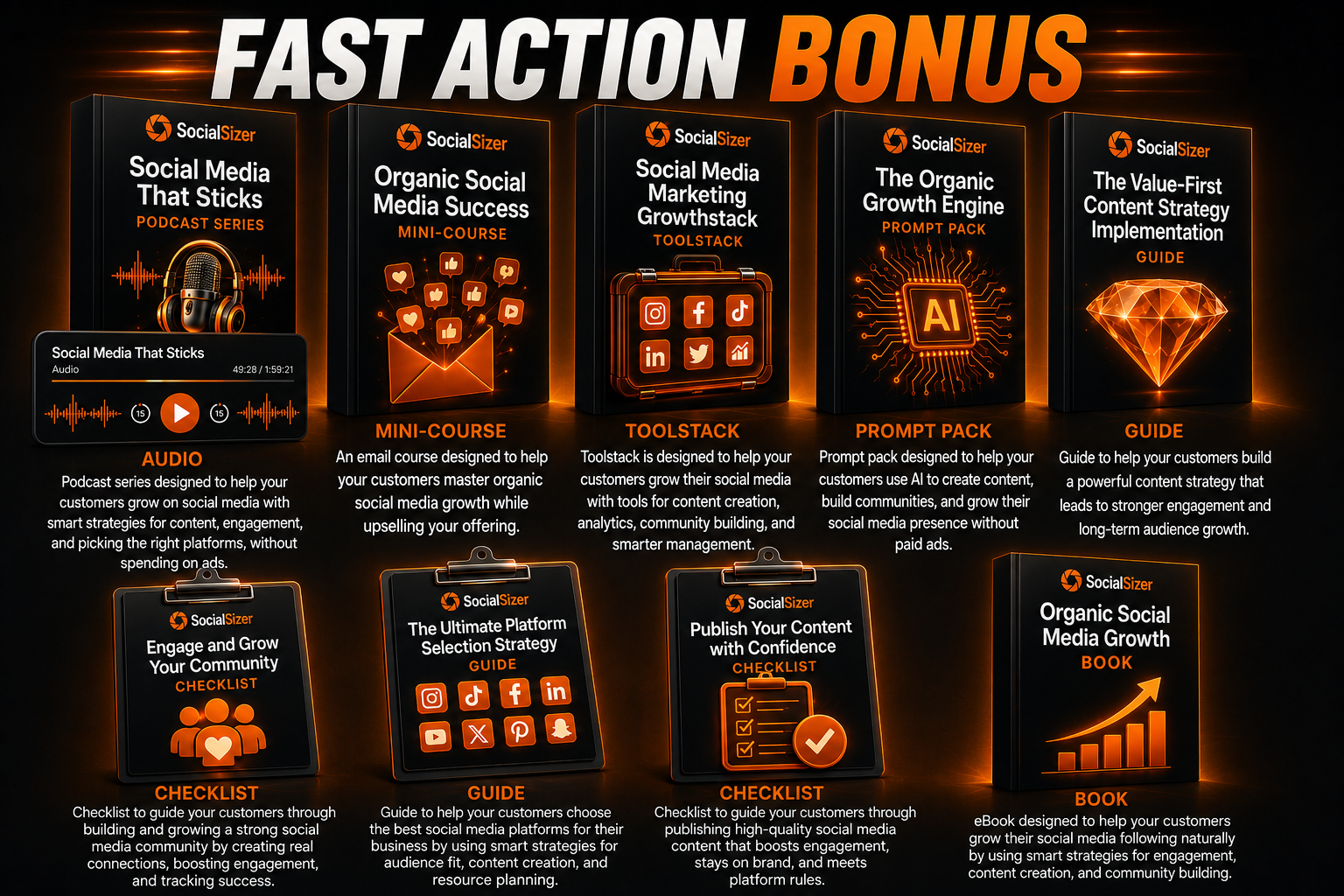 SocialSizer Fast Action Bonus — 9 bonus resources including podcast series, mini-course, toolstack, prompt pack, guides, checklists, and eBook